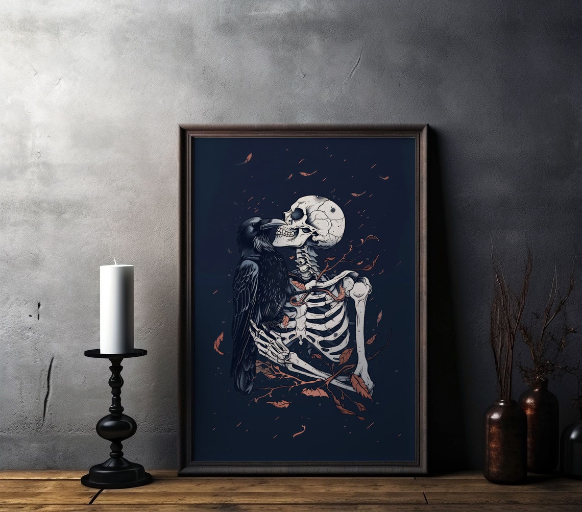 Dark Skeleton And Raven Amid Falling Leaves Gothic Fantasy Art Poster - Image 8
