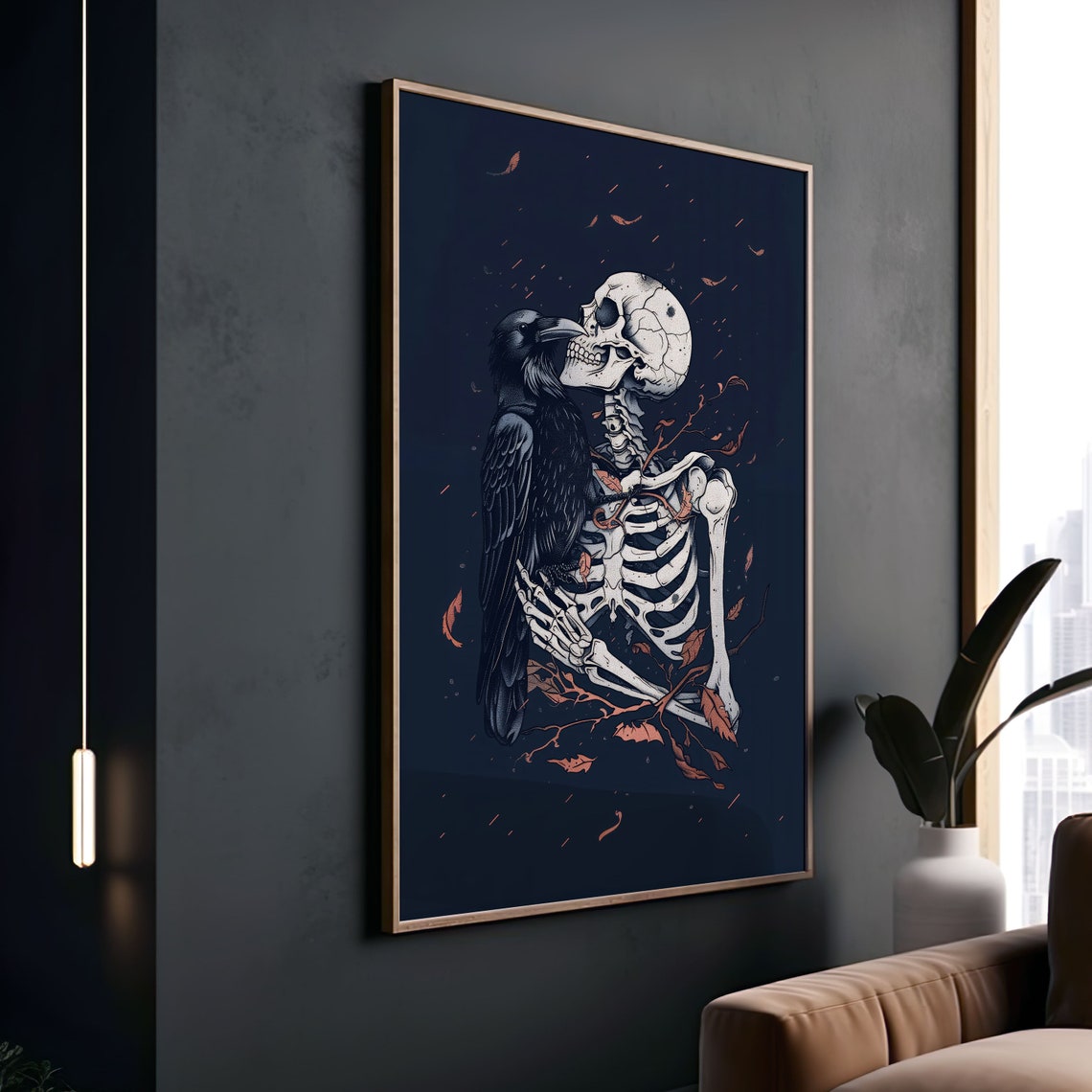 Dark Skeleton And Raven Amid Falling Leaves Gothic Fantasy Art Poster - Image 2