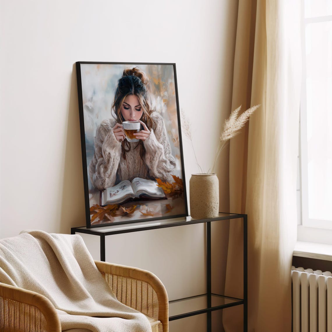 Woman In Knit Sweater With Coffee Cozy Autumn Reading Poster - Image 2