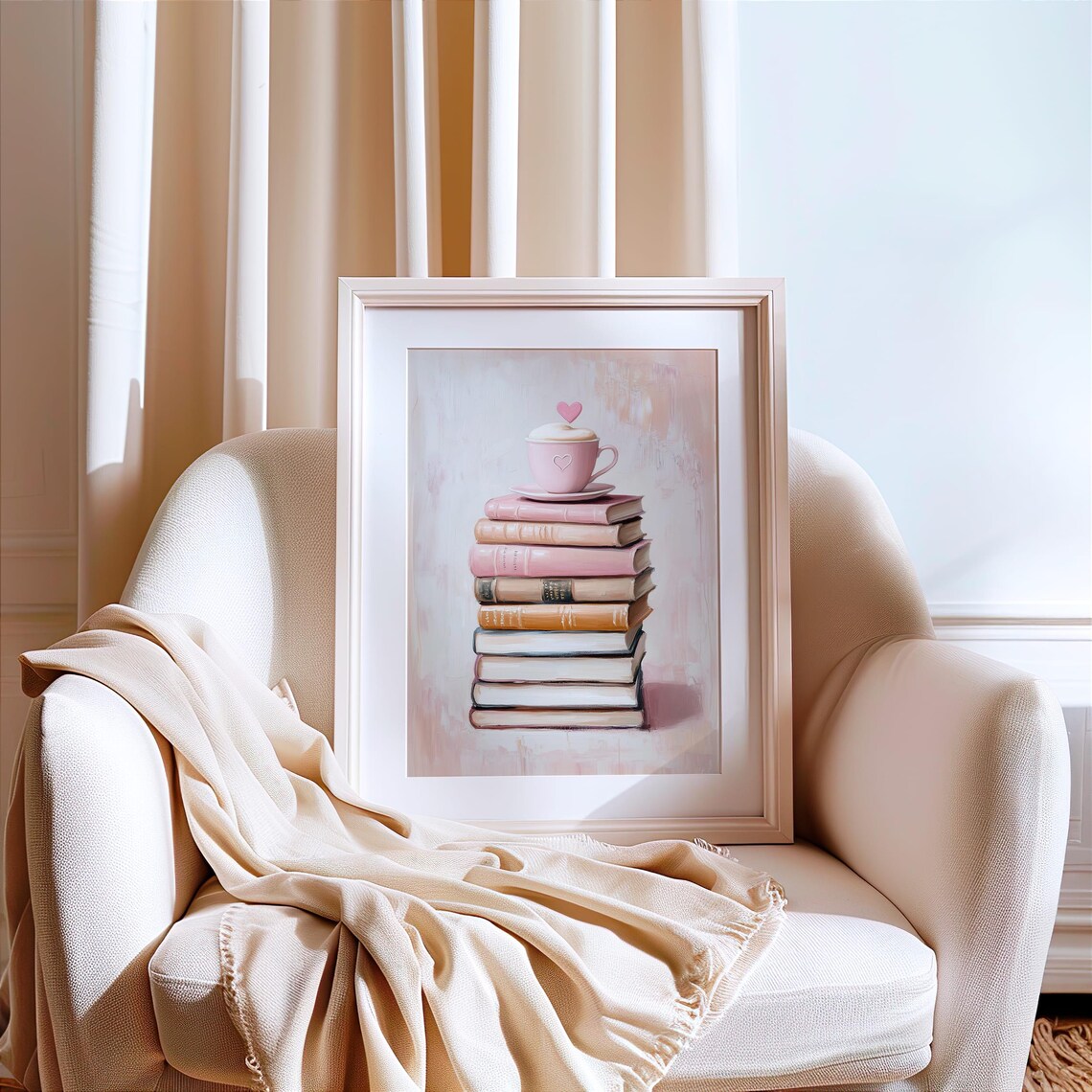 Pink Book Lover Art Print, Cozy Coffee Books Decor - Image 2