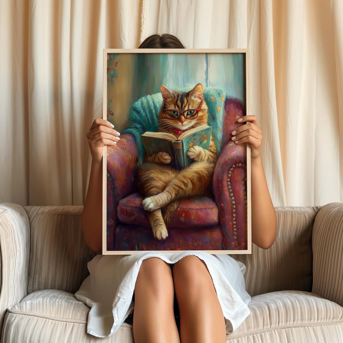 Cozy Cat Reading Art Print, Cute Home Library Decor - Image 2