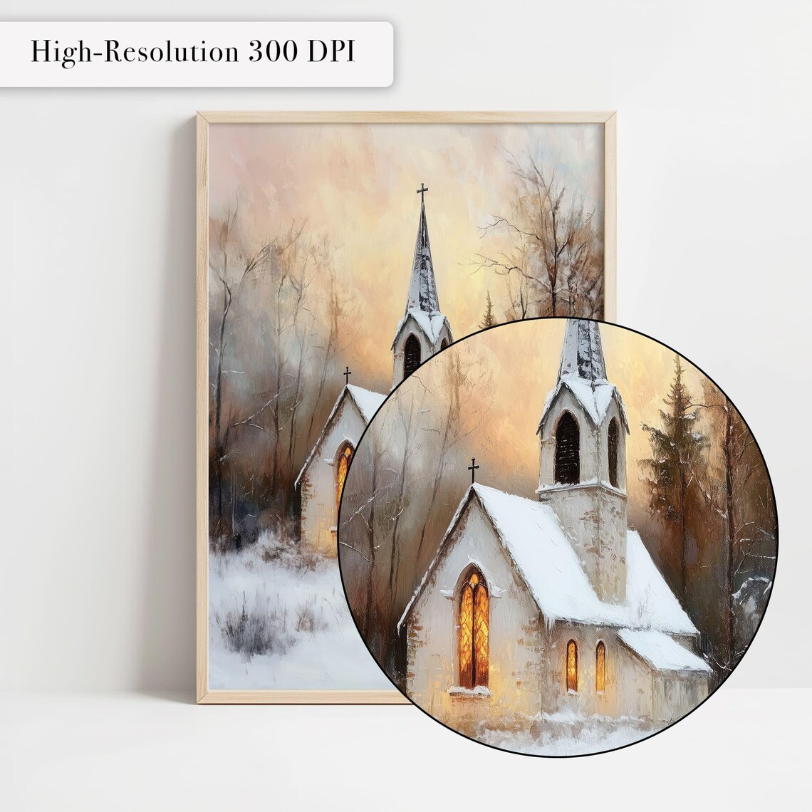 Vintage Winter Church Art Print, Rustic Landscape - Image 4