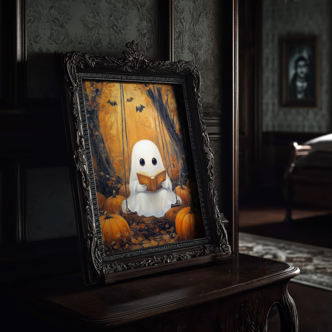 Cute Ghost Reading Art Print Halloween Book Lover Decor Spooky Autumn Wall Art Cozy Fall Art - Image 3