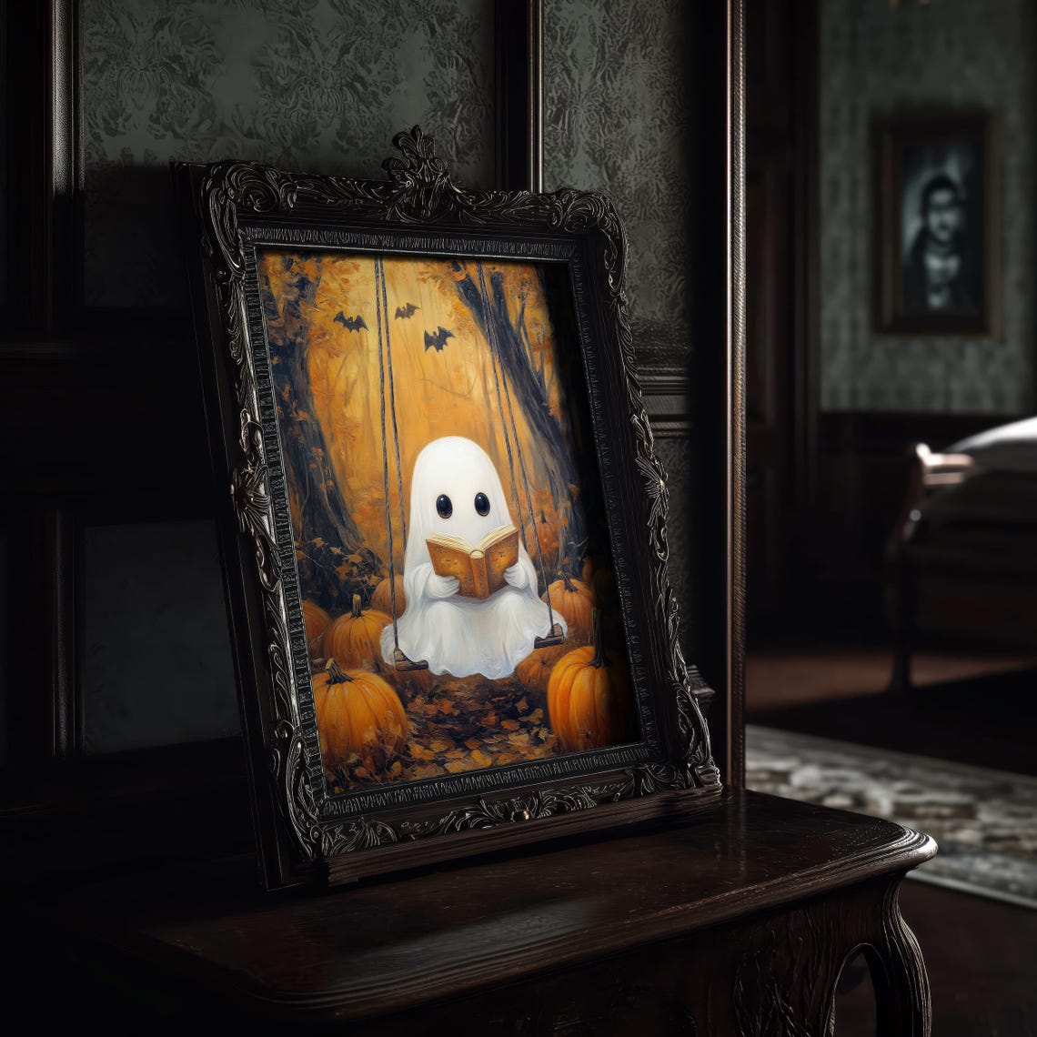Cute Ghost Reading on Swing Autumn Forest Pumpkin Patch Poster - Image 3