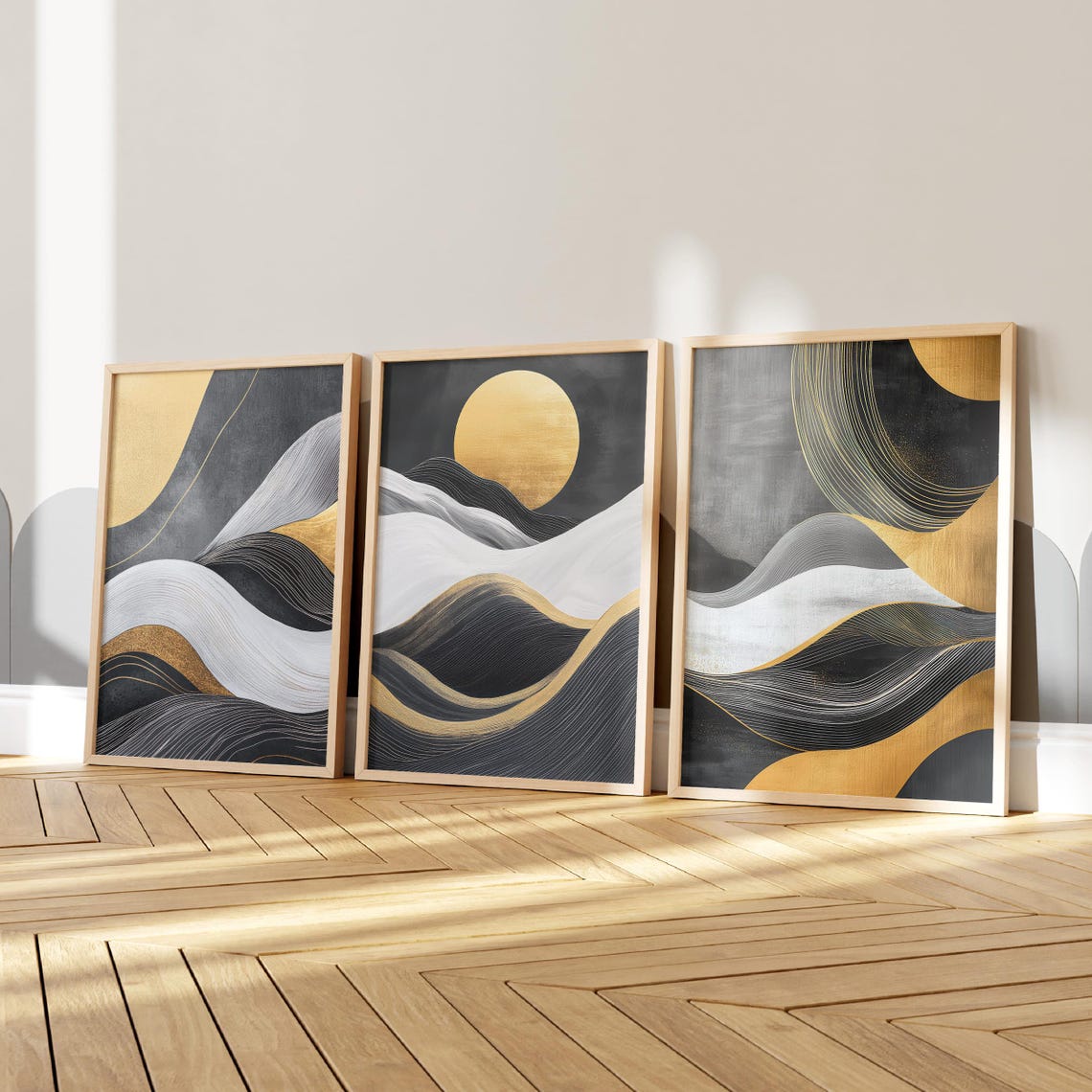 Set of Three Black and Gold Abstract Waves with Golden Sun Art Poster
