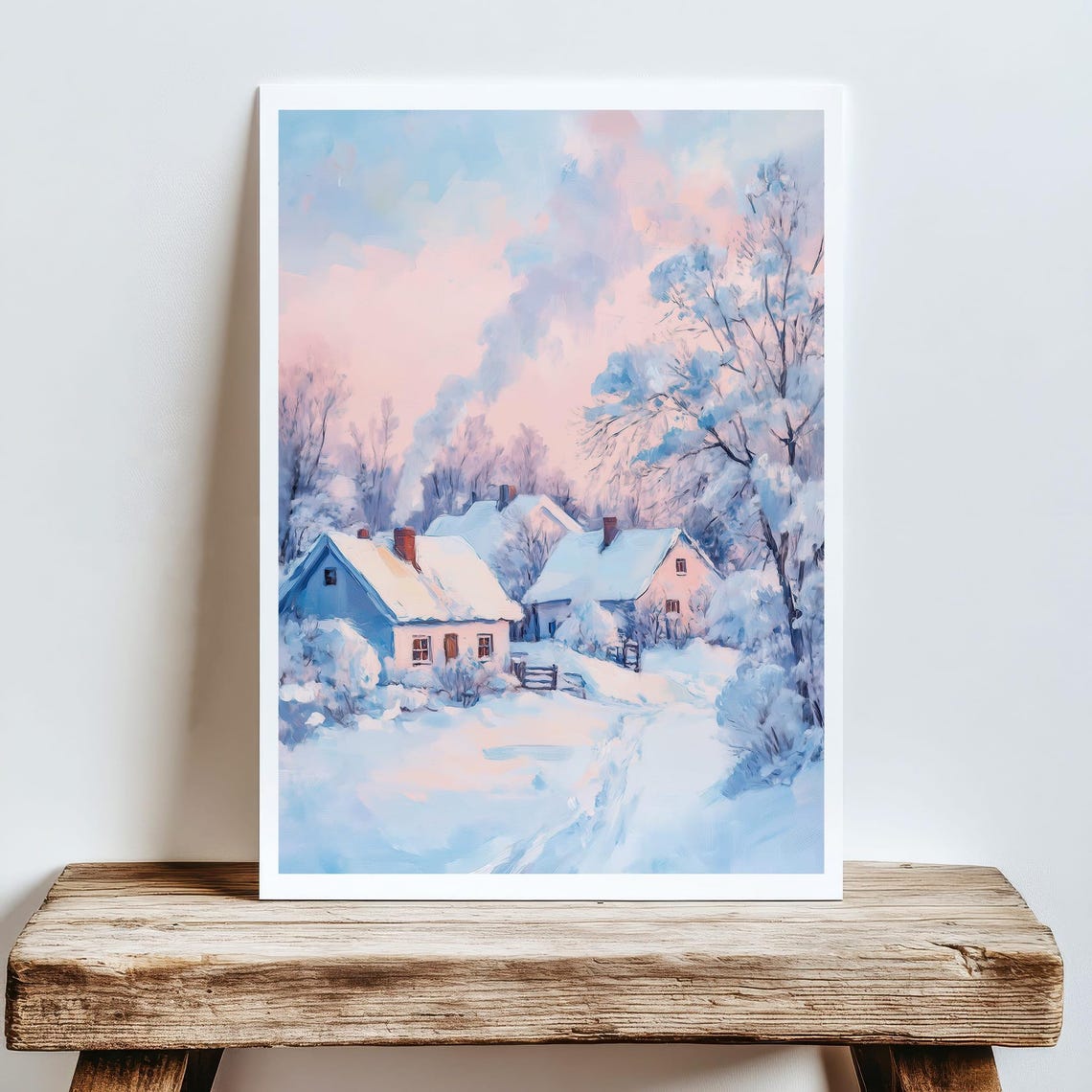 Snowy Winter Village Cottages In Pastel Hues Landscape Poster - Image 5