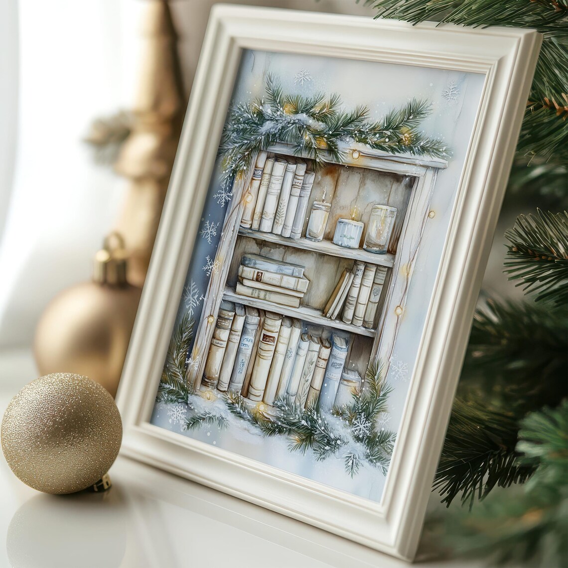 Christmas Bookshelf With Pine Garland Candles and Fairy Lights Poster - Image 6