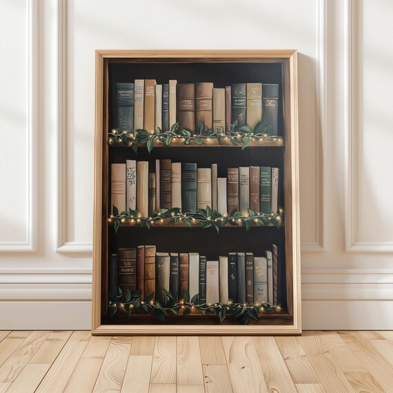 Cozy Vintage Bookshelf with Twinkling Fairy Lights Library Decor Poster