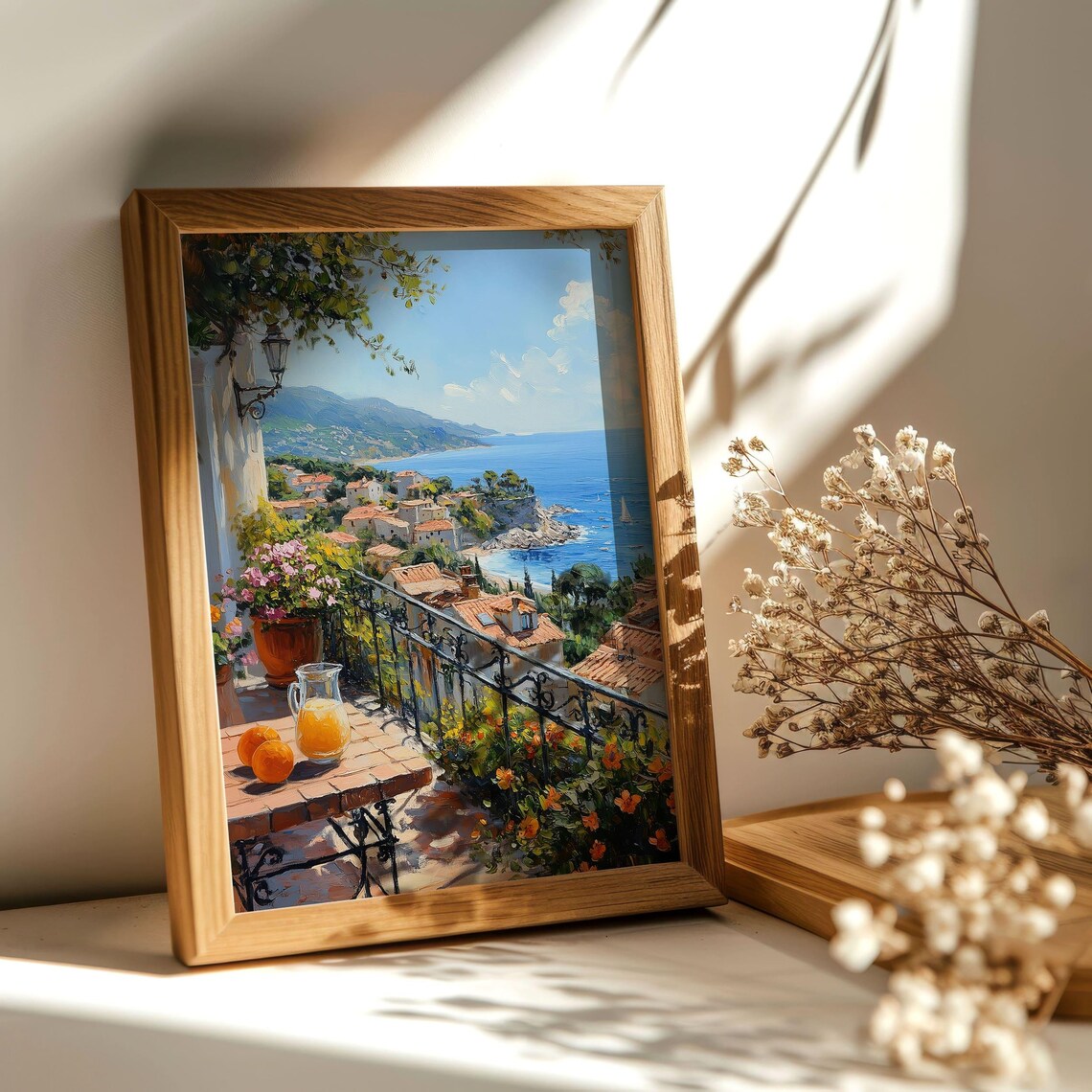 Mediterranean Terrace Sea View Coastal Town Balcony Orange Juice Table Poster - Image 2