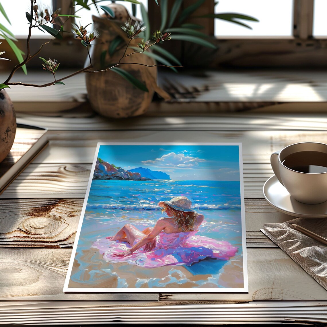 Woman In Pink Dress And Sun Hat At The Beach Coastal Art Poster - Image 7