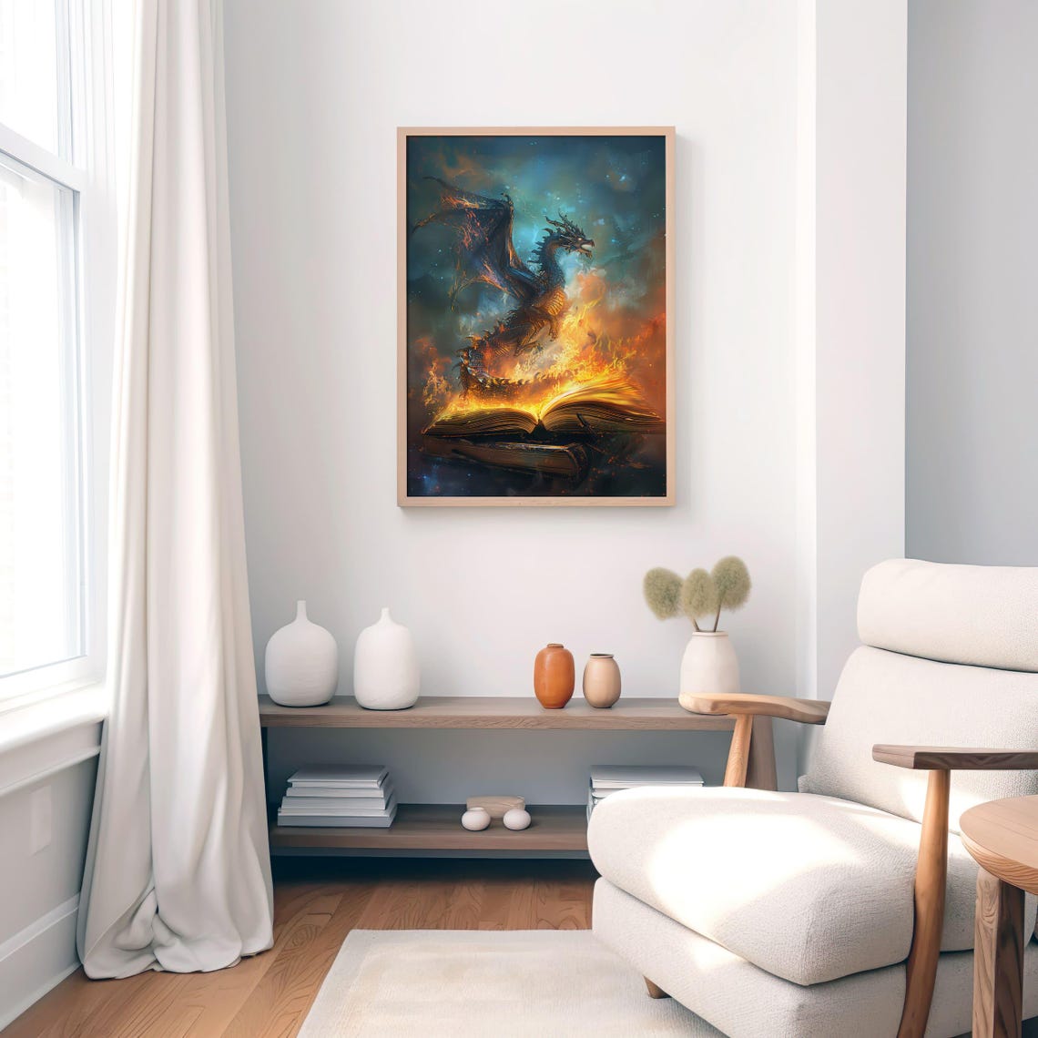 Fiery Dragon Rising From Burning Book Epic Fantasy Art Poster - Image 5