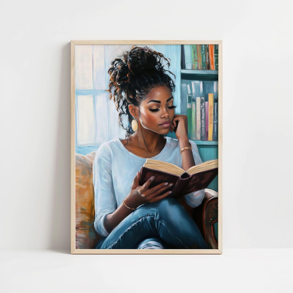 Beautiful Black Woman Reading Book by Window Cozy Library Scene Poster - Image 8