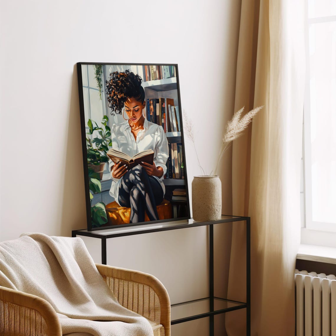 Black Woman With Curls Reading By Bright Window Bookshelf Poster - Image 3