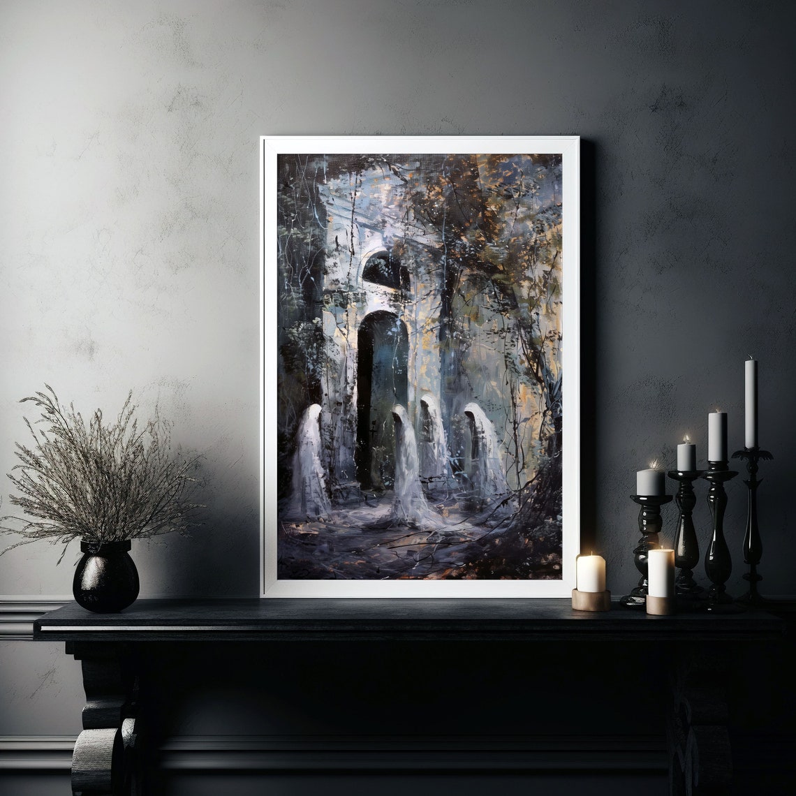 Ghosts Among Ancient Ruins Dark Forest Night Gothic Art Poster - Image 5