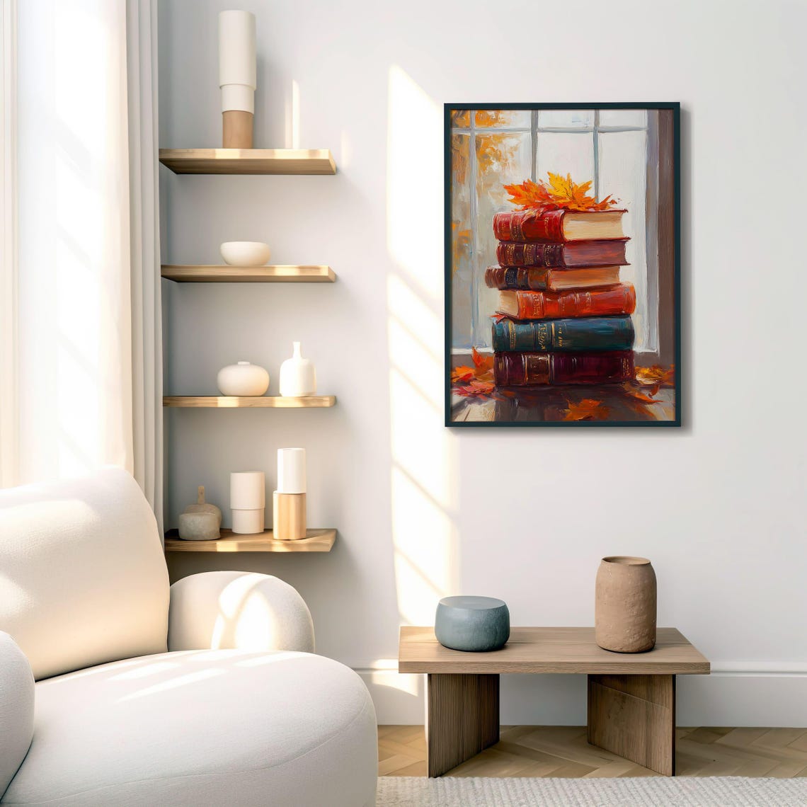 Vintage Book Stack By Window Autumn Maple Leaves Decor Art Poster - Image 6