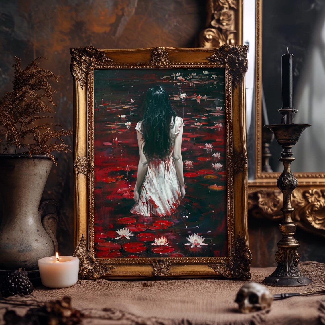 Haunting Woman in White Dress in Dark Red Water Lily Pond Gothic Poster - Image 5