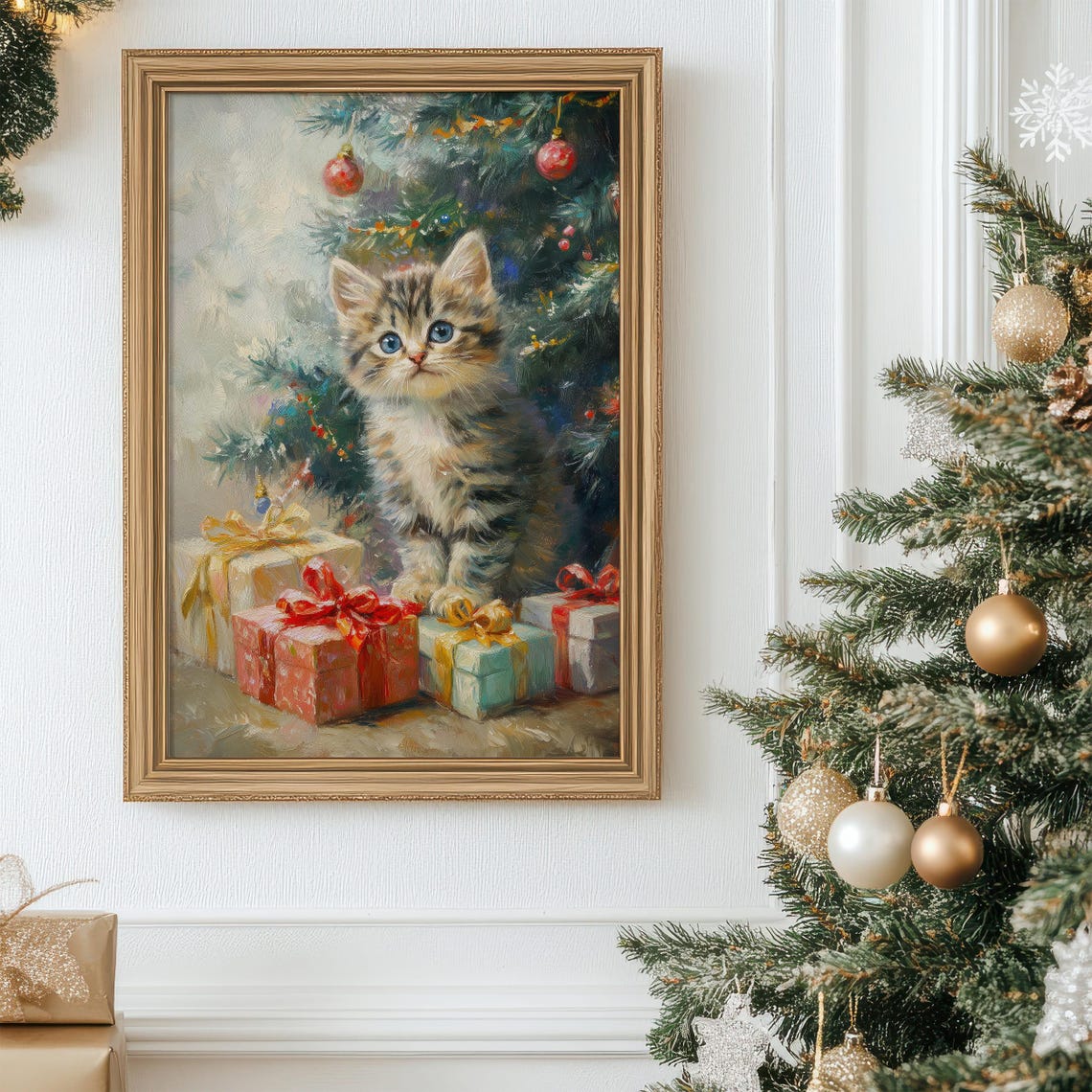Cute Blue-Eyed Tabby Kitten by a Christmas Tree With Presents Poster - Image 3