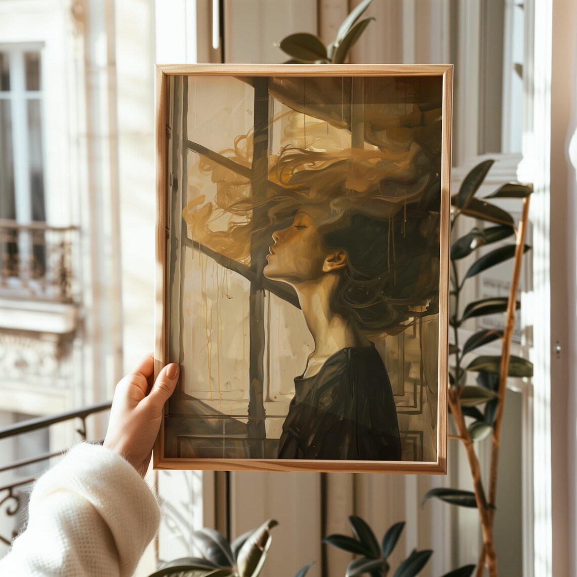 Dreamy Woman Golden Windblown Hair Window Portrait Art Poster - Image 6