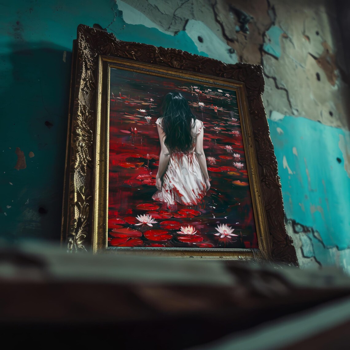 Haunting Woman in White Dress in Dark Red Water Lily Pond Gothic Poster - Image 4