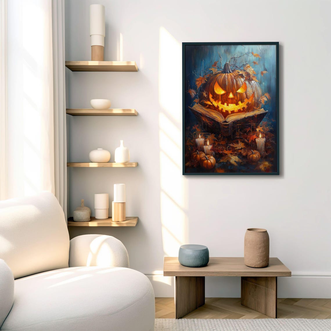 Spooky Glowing Pumpkin Reading Open Book Halloween Night Poster - Image 4