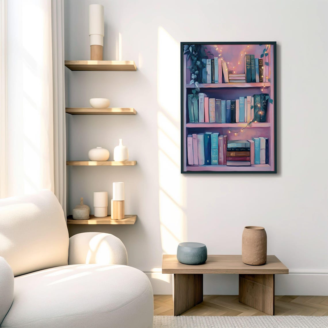 Pastel Pink Bookshelf With Glowing Fairy Lights Cozy Decor Poster - Image 4