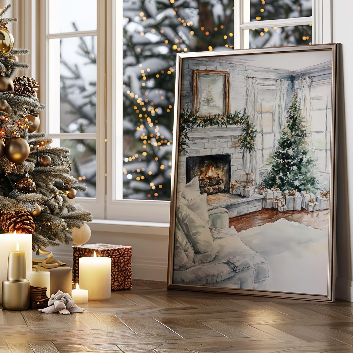 Cozy Christmas Living Room Watercolor Fireplace Scene Poster - Image 2