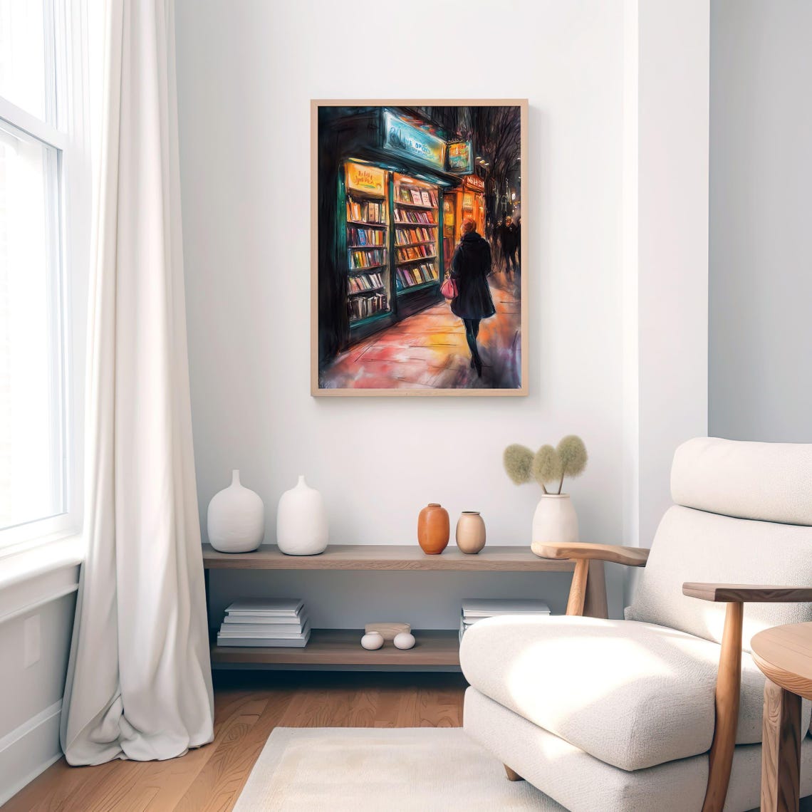 Autumn Night Bookshop Glowing Bookstore Street Scene Art Poster - Image 3