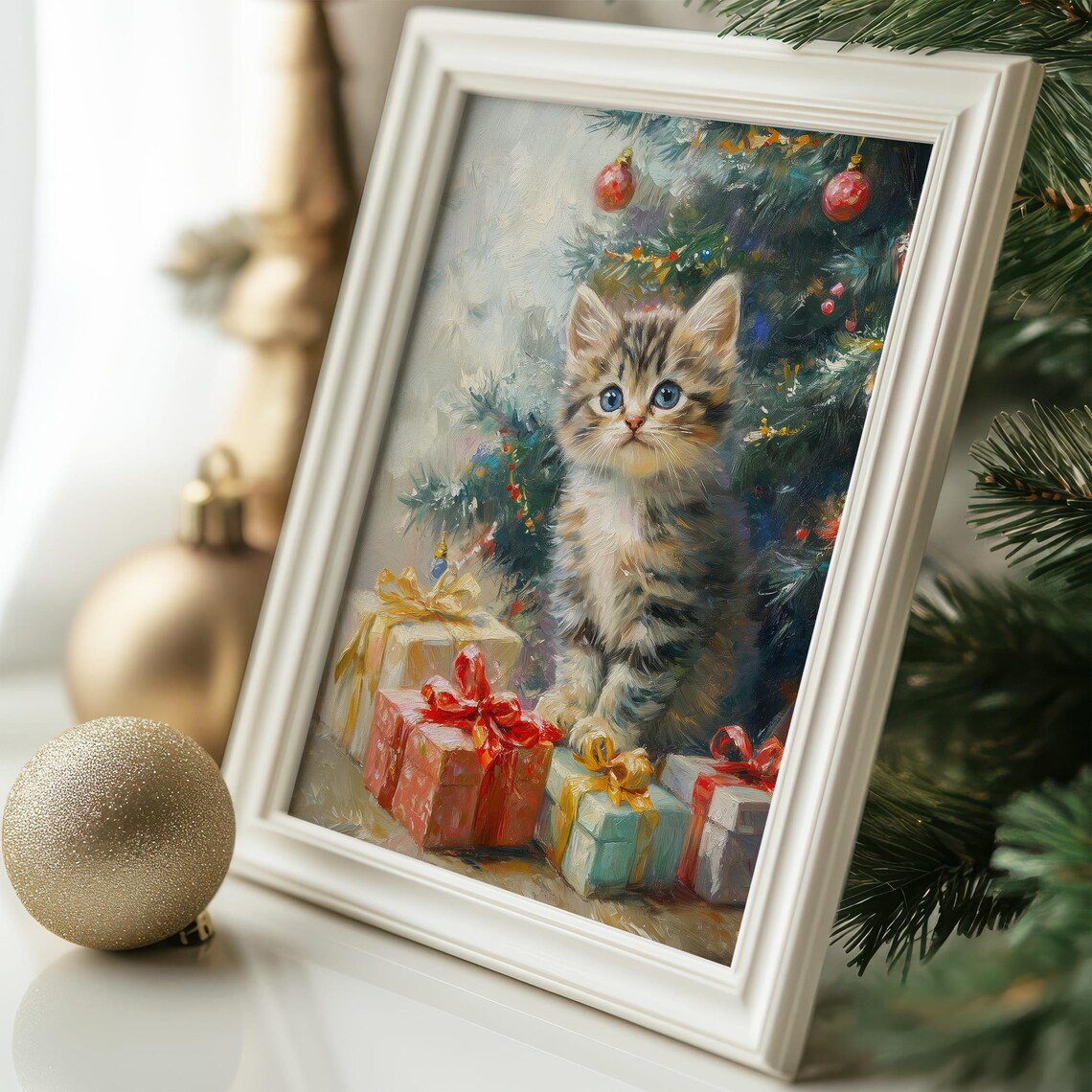 Cute Blue-Eyed Tabby Kitten by a Christmas Tree With Presents Poster - Image 5