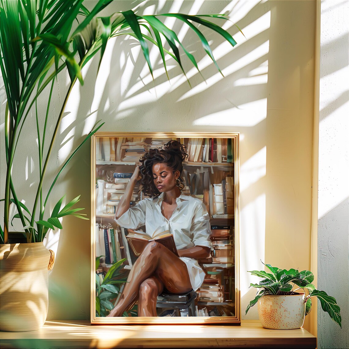 Black Woman Lost In Book Among Vintage Library Shelves Poster - Image 8