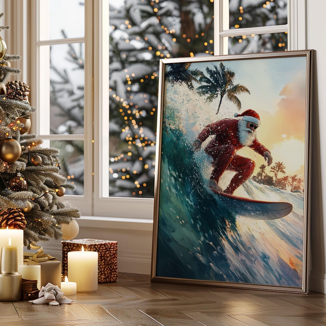 Santa Claus Surfer Tropical Christmas Travel Poster - Image 4