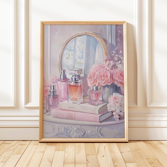 Pink Perfume Bottles and Books Shabby Chic Floral Art Poster