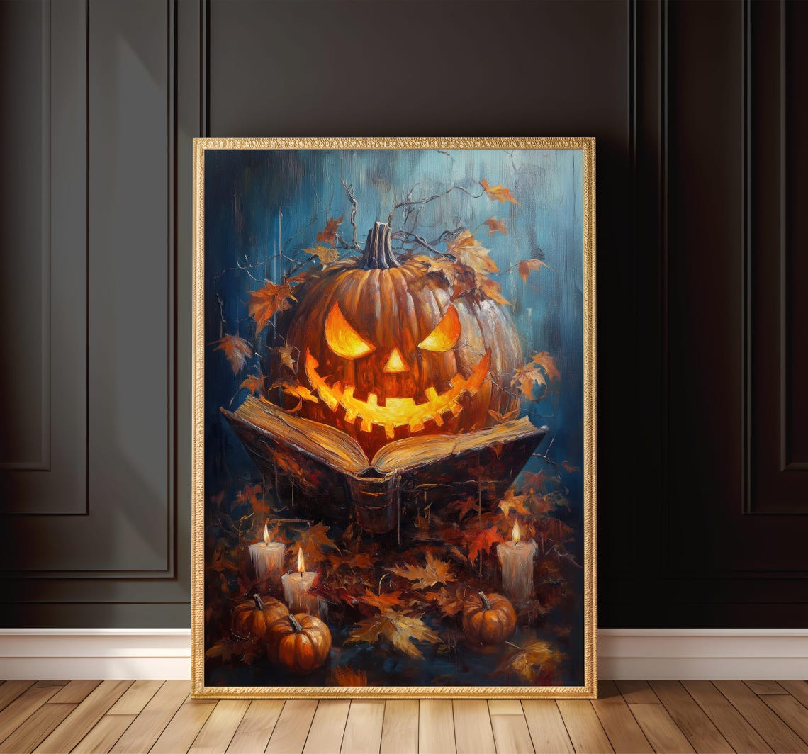 Spooky Glowing Pumpkin Reading Open Book Halloween Night Poster