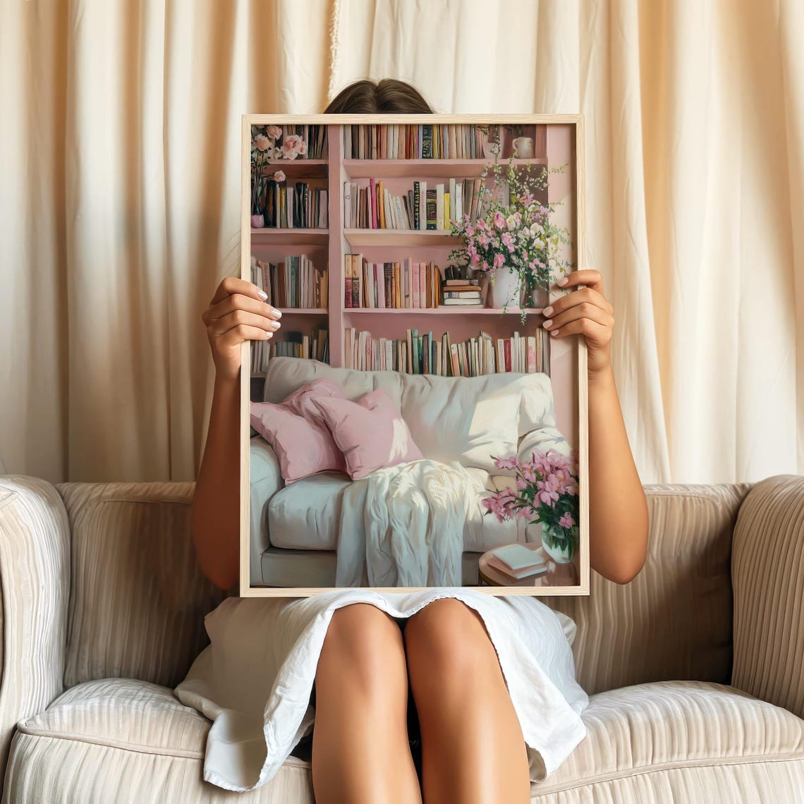 Cozy Pink Reading Nook Bookshelf Floral Book Lover Cozy Decor Wall Art - Image 2