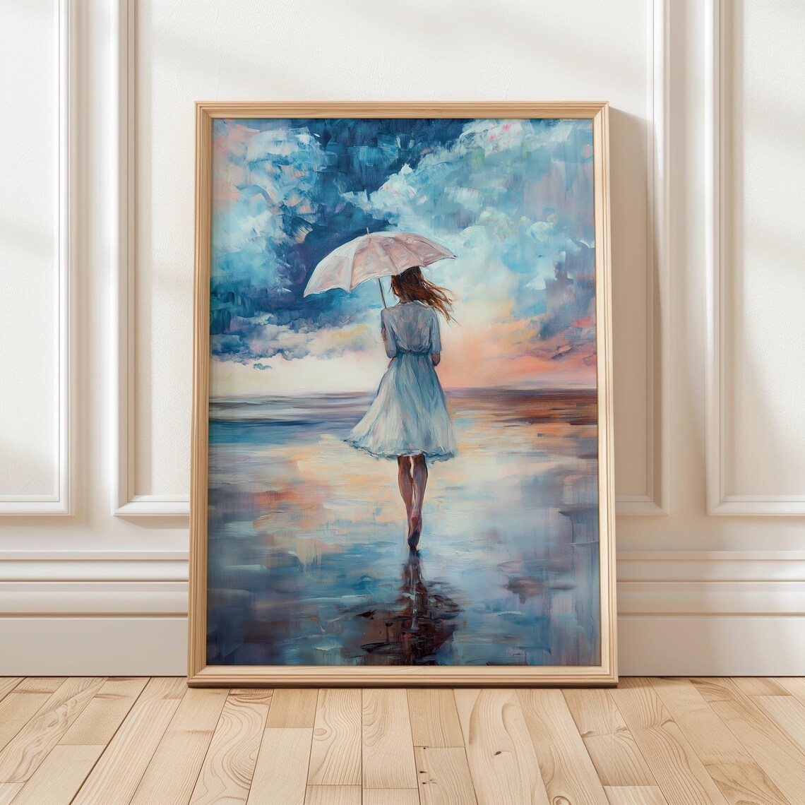 Woman With Umbrella Beach Sunset Walk Impressionist Art Poster