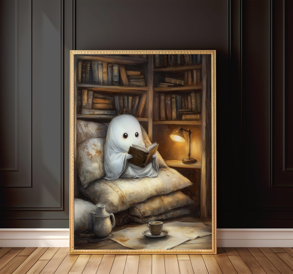 Cozy Ghost Library Art Print, Bookish Halloween Decor