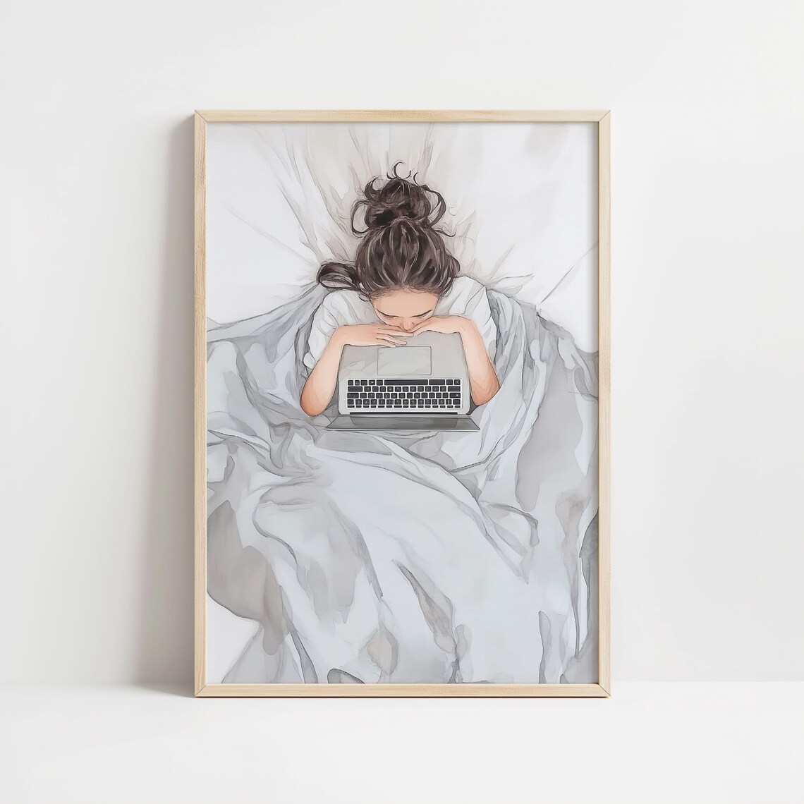 Cozy Woman in Bed With Laptop Minimalist Home Office Bedroom Poster - Image 8