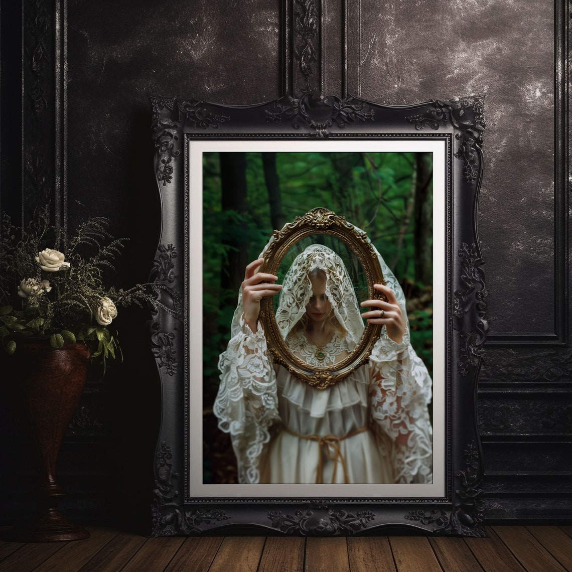 Dark Academia Woman Holding Golden Mirror In Forest Moody Art Poster - Image 5