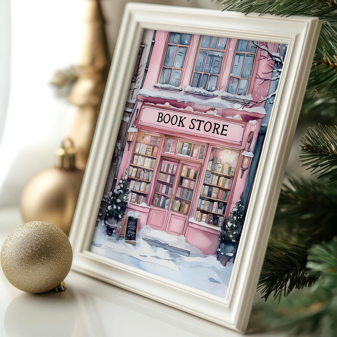 Winter Bookstore Cozy Christmas Bookshop Art Print - Image 5