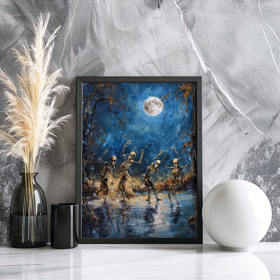 Dancing Skeletons Under Full Moon Spooky Halloween Night Poster - Image 7