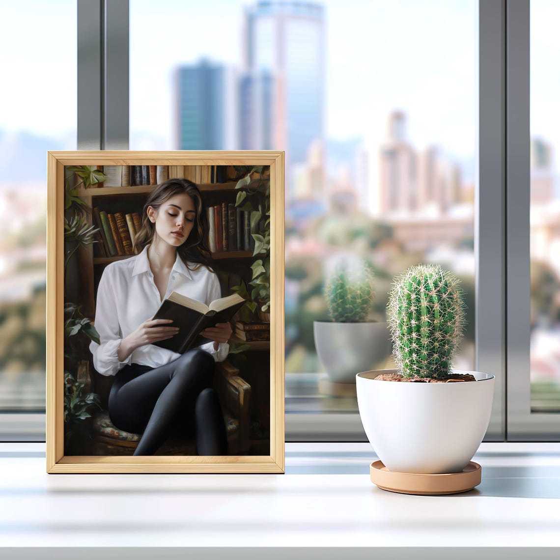 Woman Reading Book in Cozy Library Book Lover Portrait Poster - Image 4