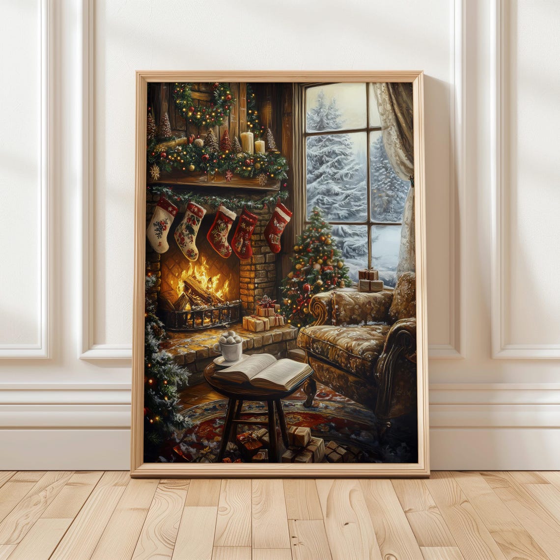 Christmas Eve Fireplace Stockings Snowy Window Book Lover Poster