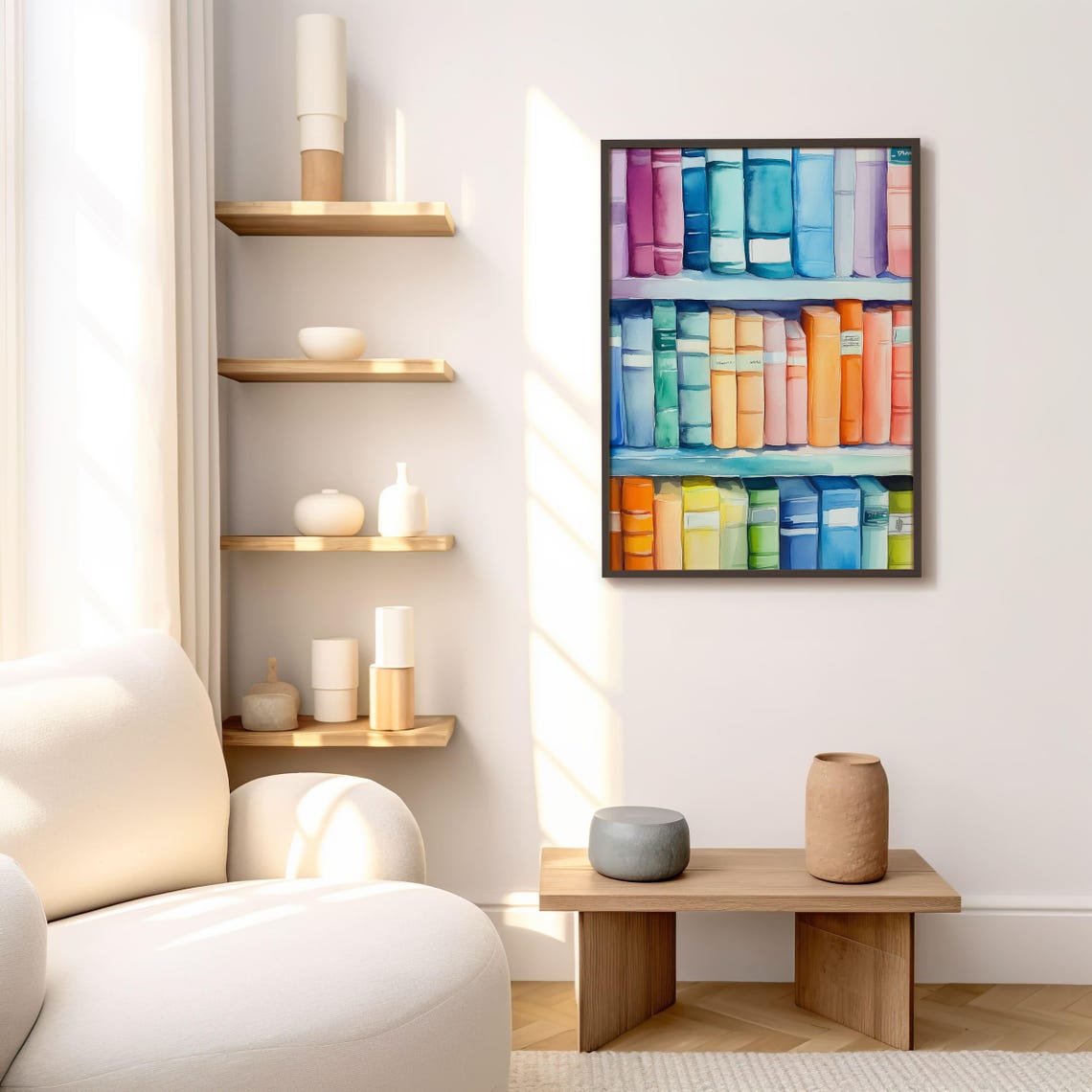 Rainbow Watercolor Bookshelf With Pastel Books Library Poster - Image 4