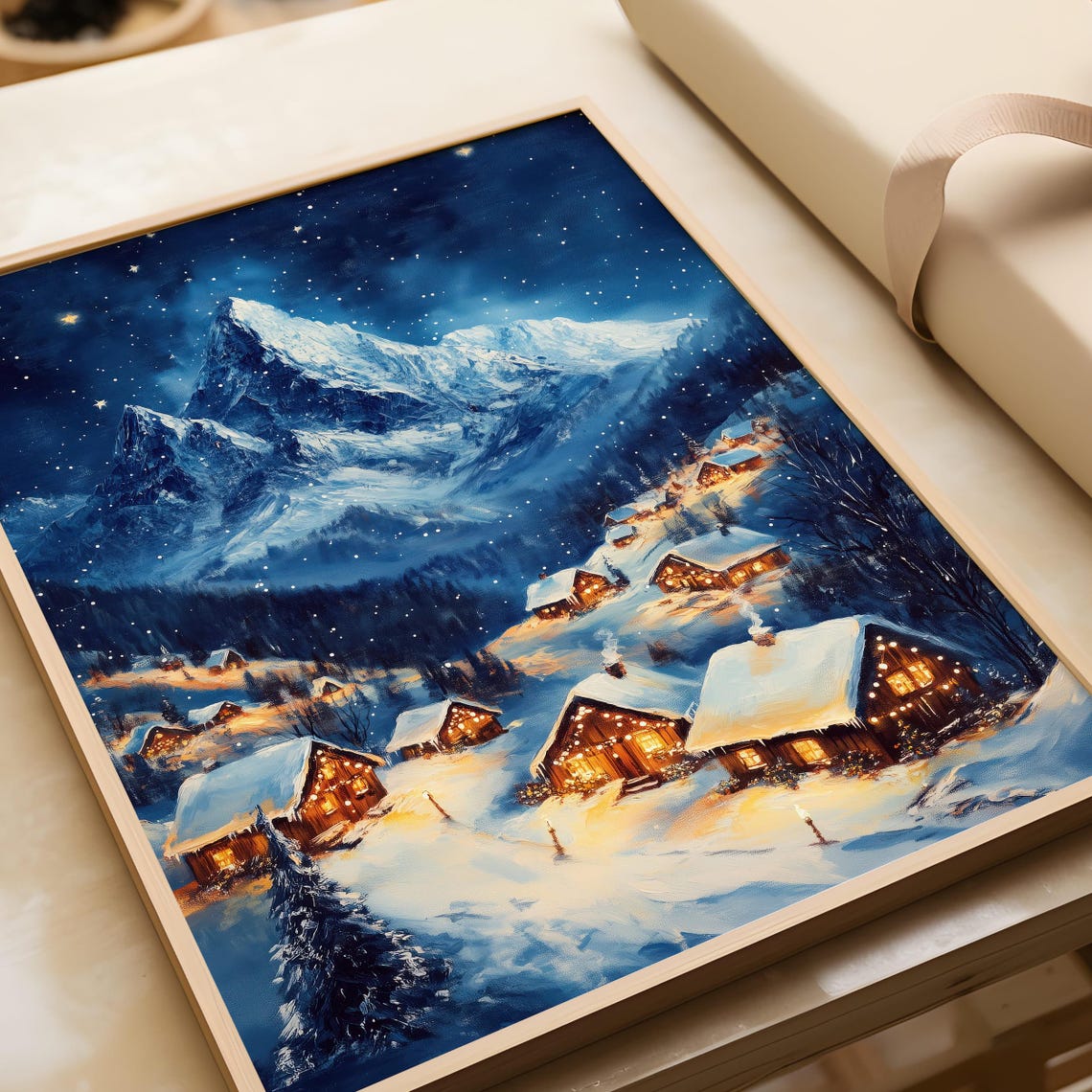 Starry Night Snowy Village Beneath Towering Mountain Peaks Poster - Image 4