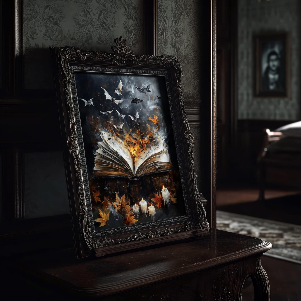 Open Magic Book with Flying Bats and Flames Dark Halloween Spell Poster - Image 6