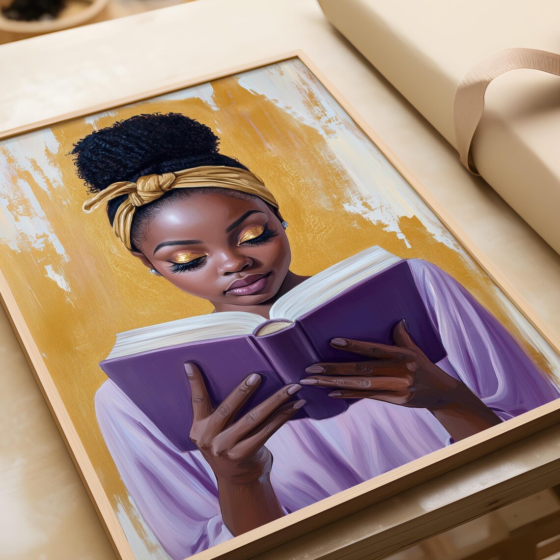 Black Woman Reading Purple Book Golden Background Art Poster - Image 7