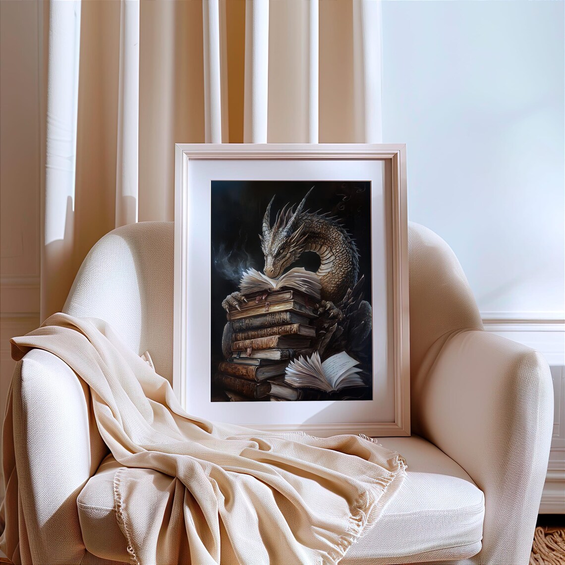 Fantasy Dragon Book Art Print, Mythical Library Decor - Image 3