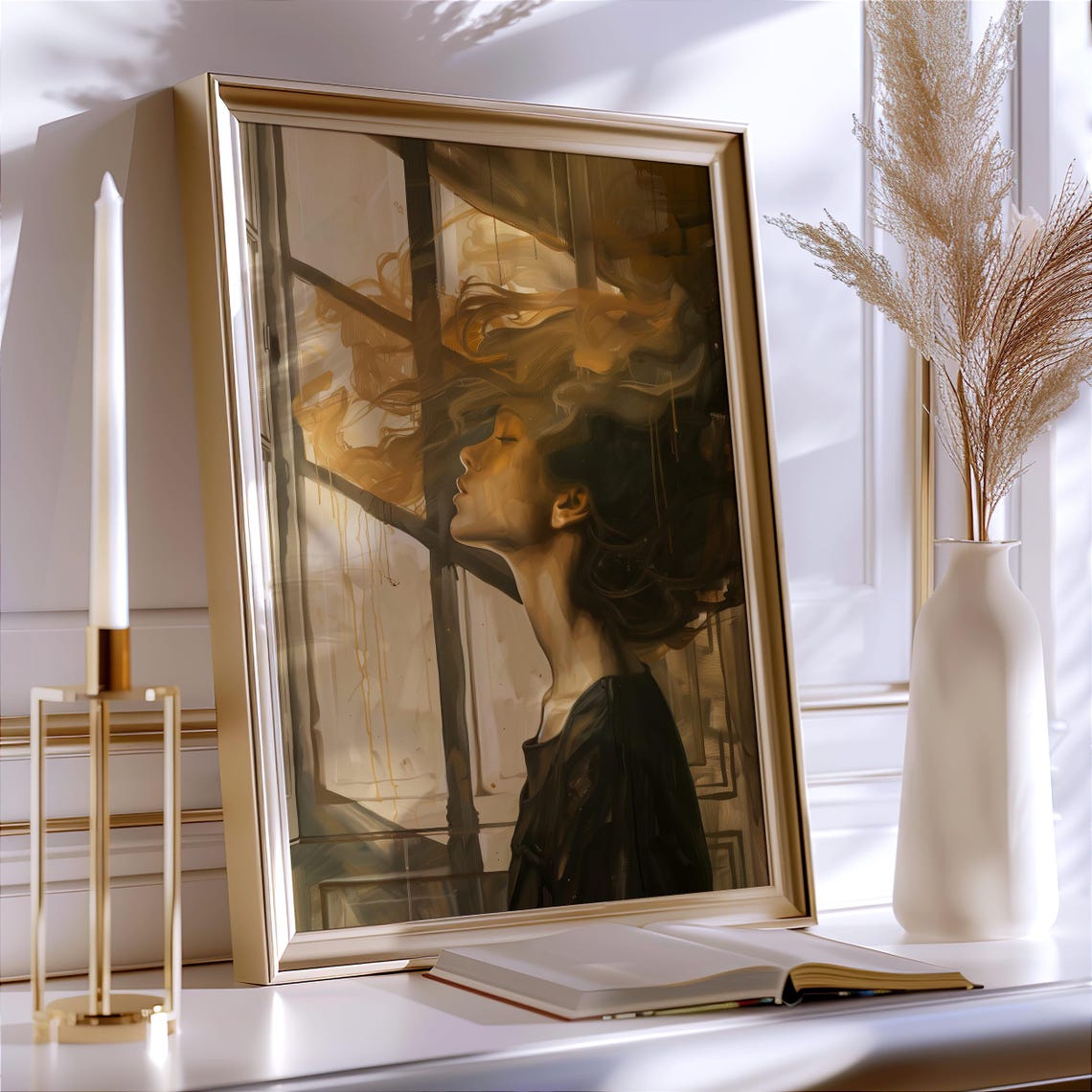 Dreamy Woman Golden Windblown Hair Window Portrait Art Poster - Image 2