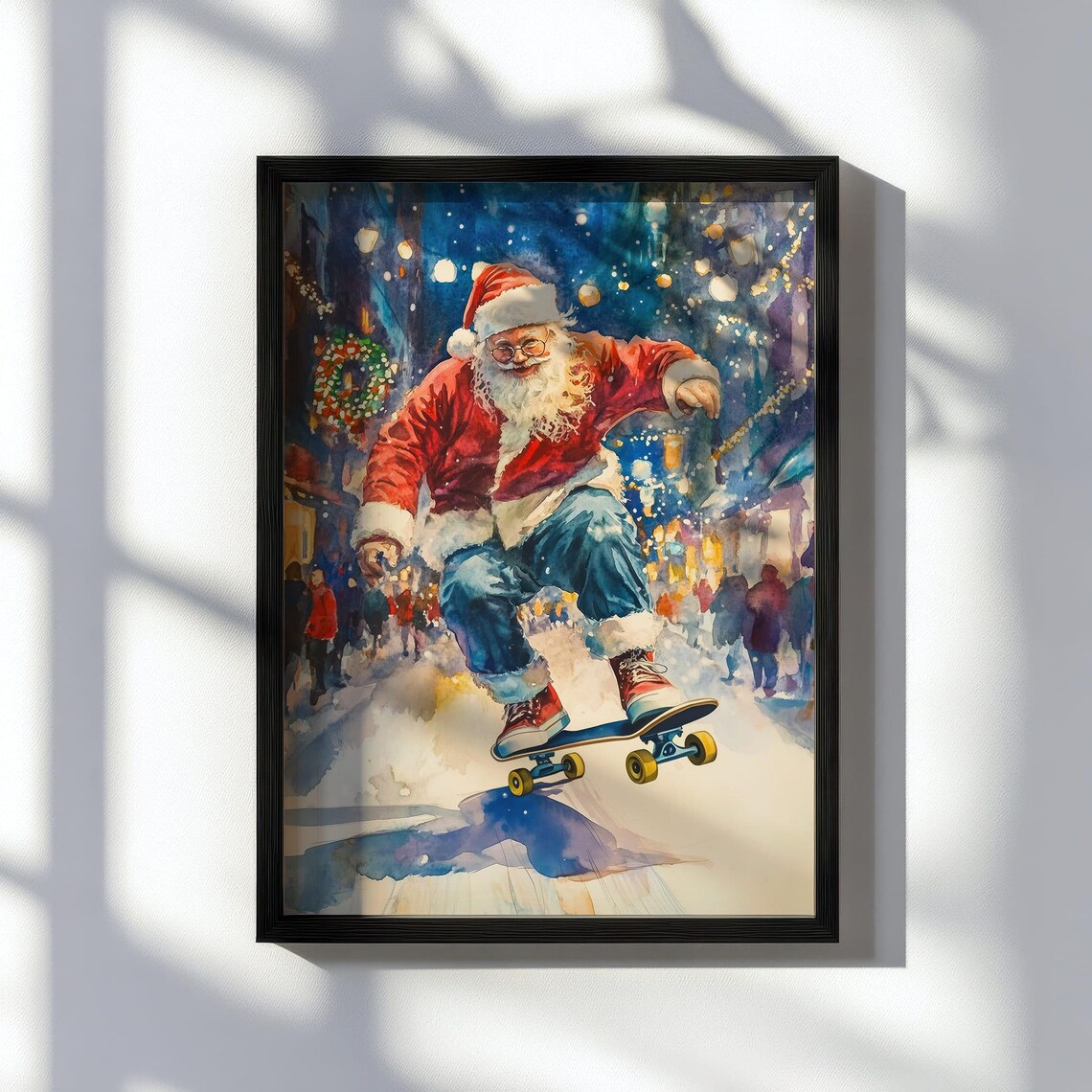Santa Claus Skateboarding Through Snowy City Street Night Poster - Image 4