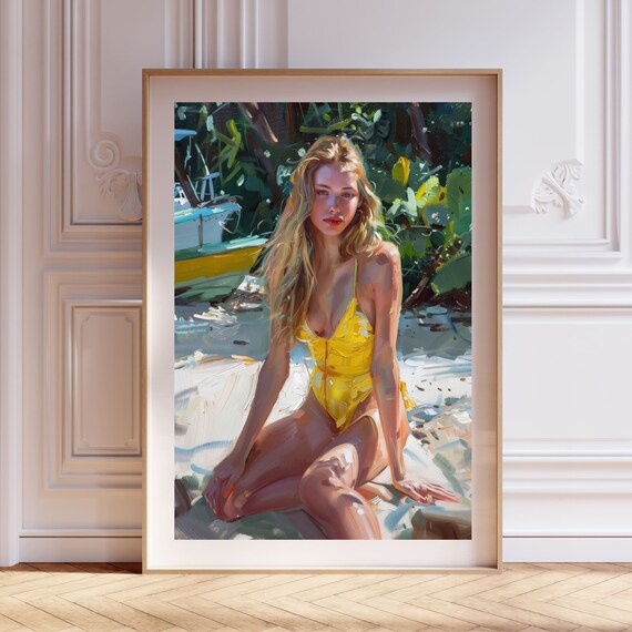 Woman in Yellow Swimsuit Tropical Beach Impressionist Art Poster
