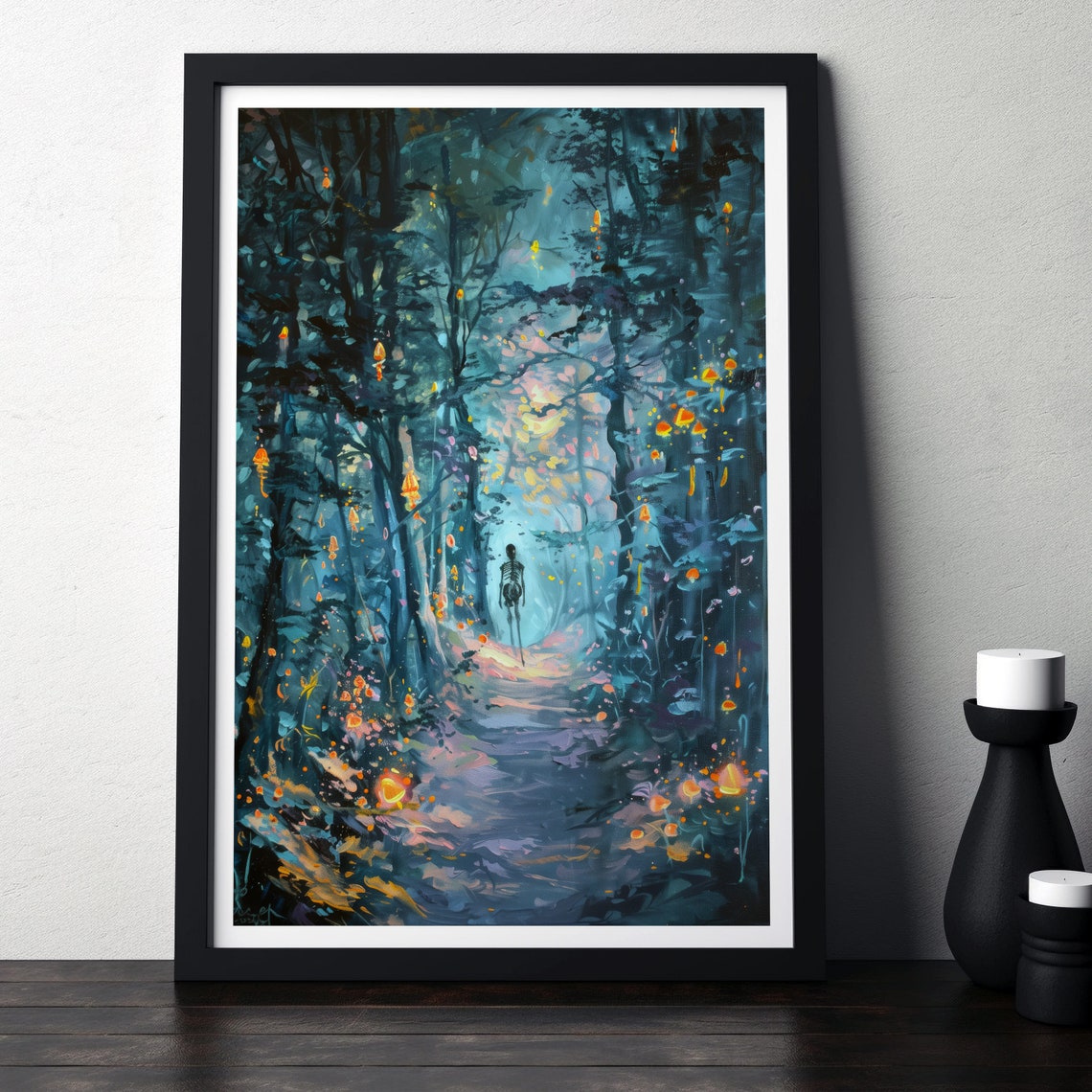 Skeleton in Glowing Blue Forest Night Halloween Painting Poster - Image 6
